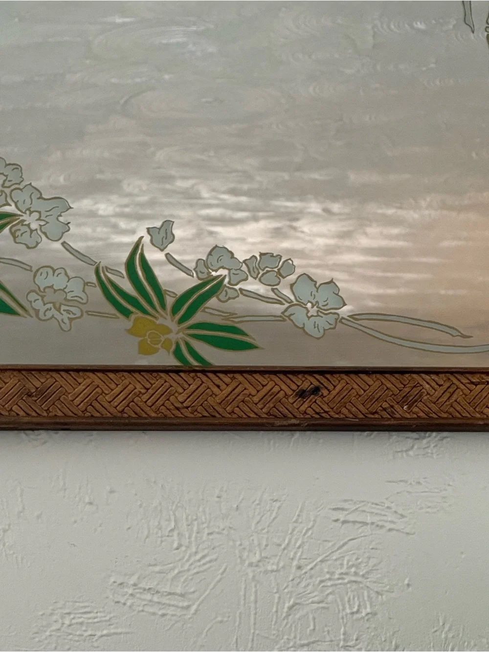 Vintage 1970’s wood Framed Floral etched glass mirror Wall Art iBrown Green